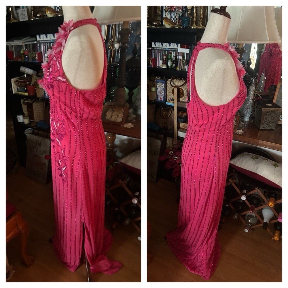 Hot Pink Floral Sequined Prom Gown - Picture 10 of 16